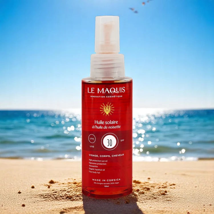 Huile Solaire SPF50 et SPF 30 Le Maquis à l'huile de noisette de Corse 100ml