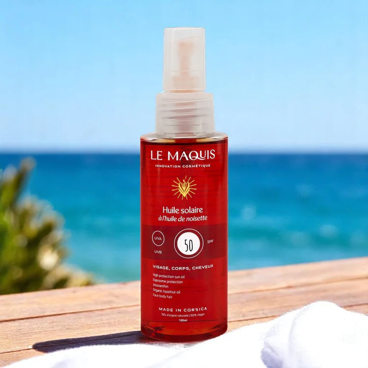Huile Solaire SPF50 Le Maquis à l'huile de noisette de Corse 100ml
